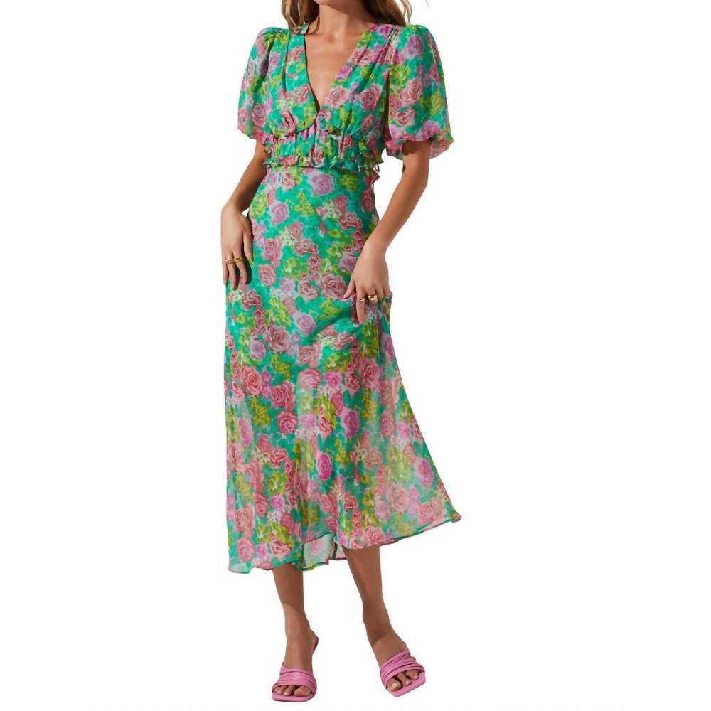 Astr Green and Pink Floral Midi Dress